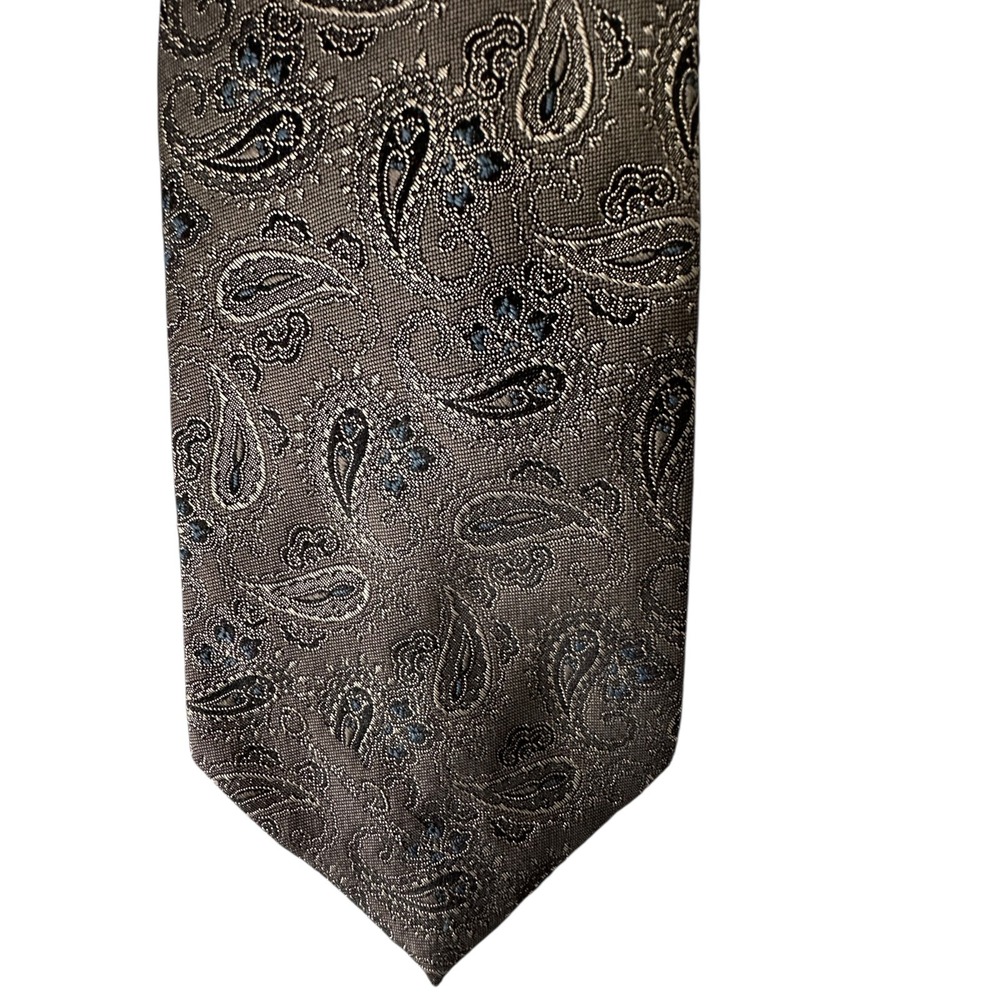 Oscar de la Renta Mens Paisley Silk Necktie Taupe Grey Blue Classic Formal Tie